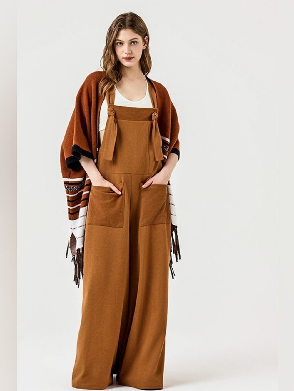 A2-0612 Slouchy Overall Wide Leg Jumpsuit Casual Boho Jumpsuit - Caramel Brown